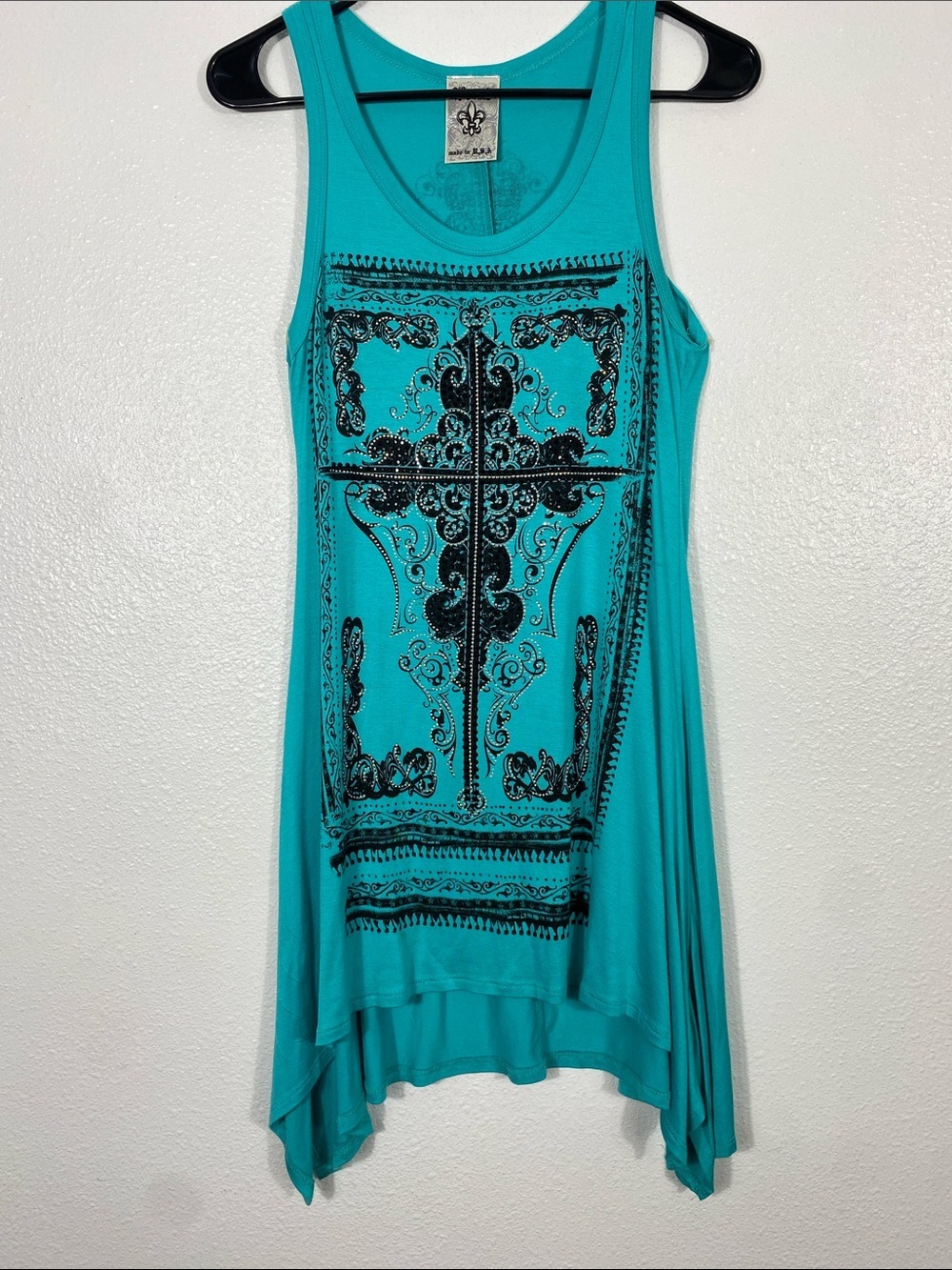 Y2K Vocal Teal Asymmetrical Tank Dress with Black Filigree Size S 95% Rayón